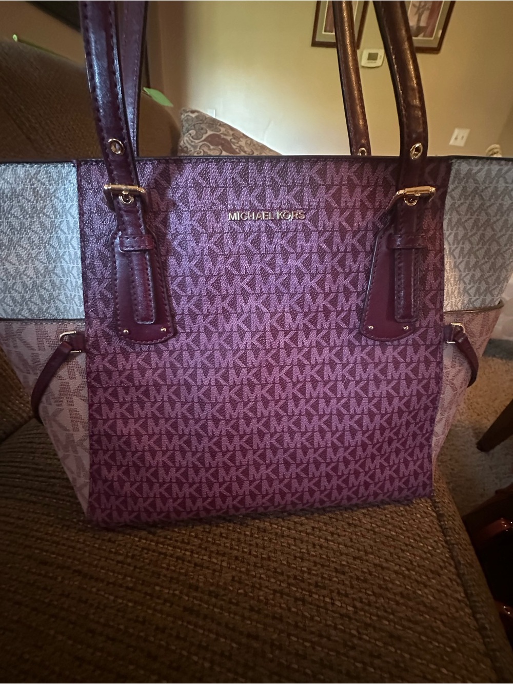 Michael Kors Large Plum Signature MK Pattern Tote with Gold Accents